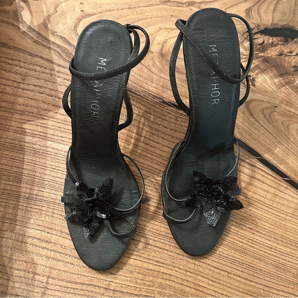 Metaphor Black Strappy Heels with sequin Floral Accent